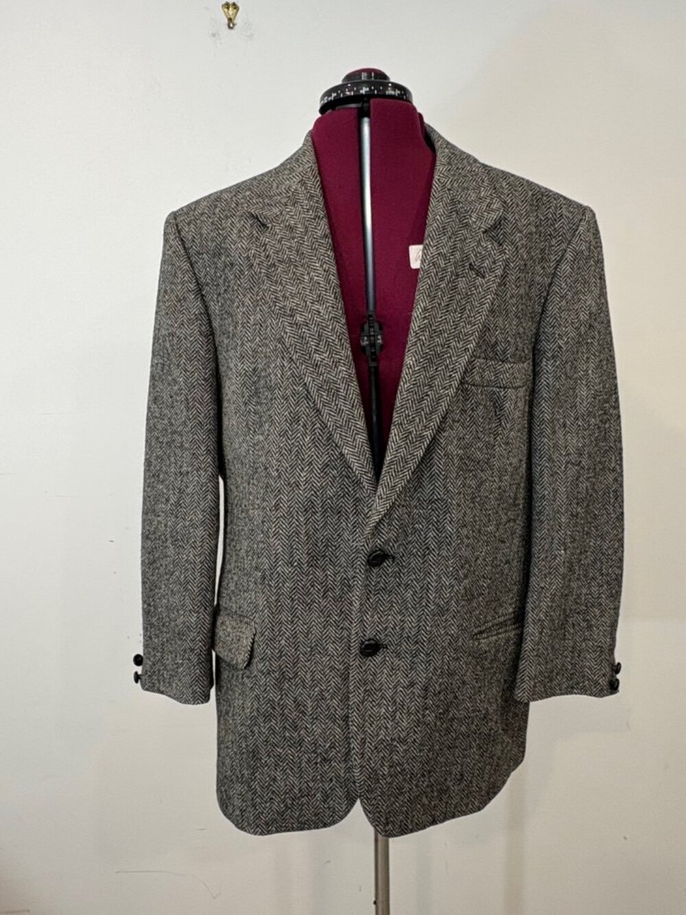 Vintage Wool Tweed Gray Blazer Sports Casual Coat Herringbone Print 42S